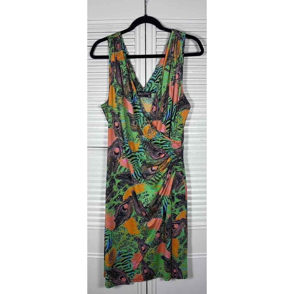 Tango Mango Peacock Zebra Print Ruched V-Neck Dress XL Faux Wrap Tropical